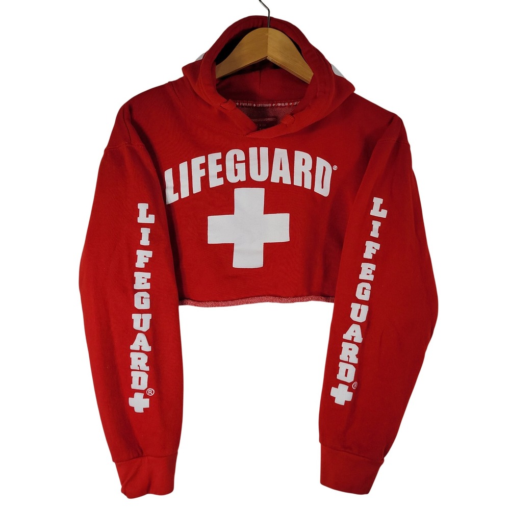 Lifeguard Crop Hoodie Women Medium Red Raw Rolled Hem Pullover Sweatshirt VSCO